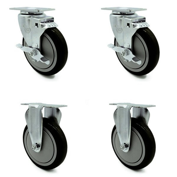 Service Caster 5 Inch Black Polyurethane Wheel Swivel Top Plate Caster Set with 2 Brake 2 Rigid SCC-20S514-PPUB-BLK-TLB-TP3-2-R-2 - main